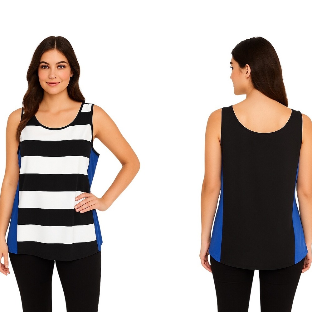 BB Dakota Tank Top‎ Small Black White Stripe Blue Panel Sleeveless Scoop Neck